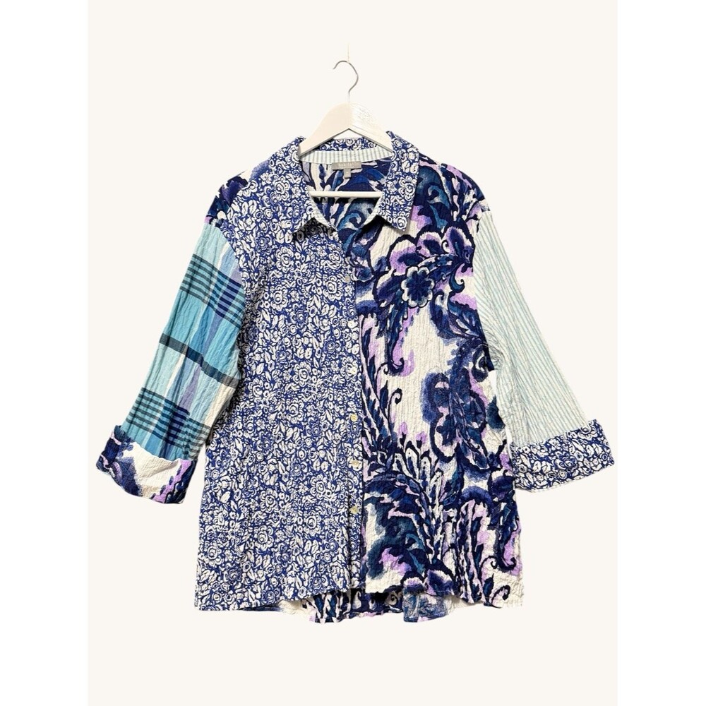 Habitat Stir It Up Mixed Print Crinkled Button Up Top Size XXL Blue Long Sleeve